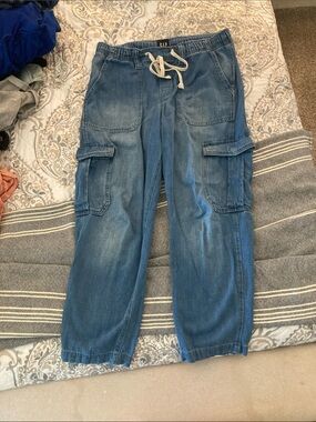 GAP Women’s Light Blue Denim Cargo Pants with Drawstring Waist